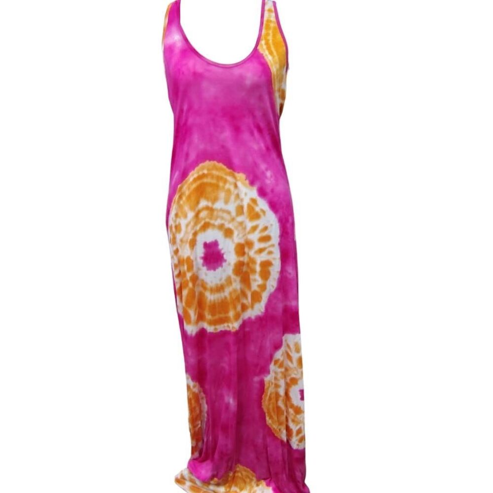 Seven7 NWT Tie Dye Maxi Tank Dress Medium Pink Orange Jersey Racerback MSRP $79